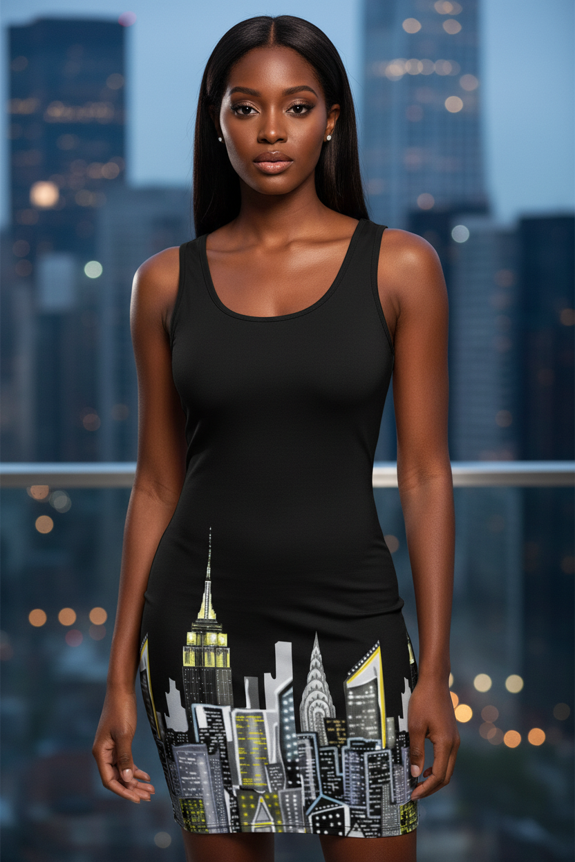 Woman wearing a black Loria NYC Art dream with cityscape design against a blurred city skyline.