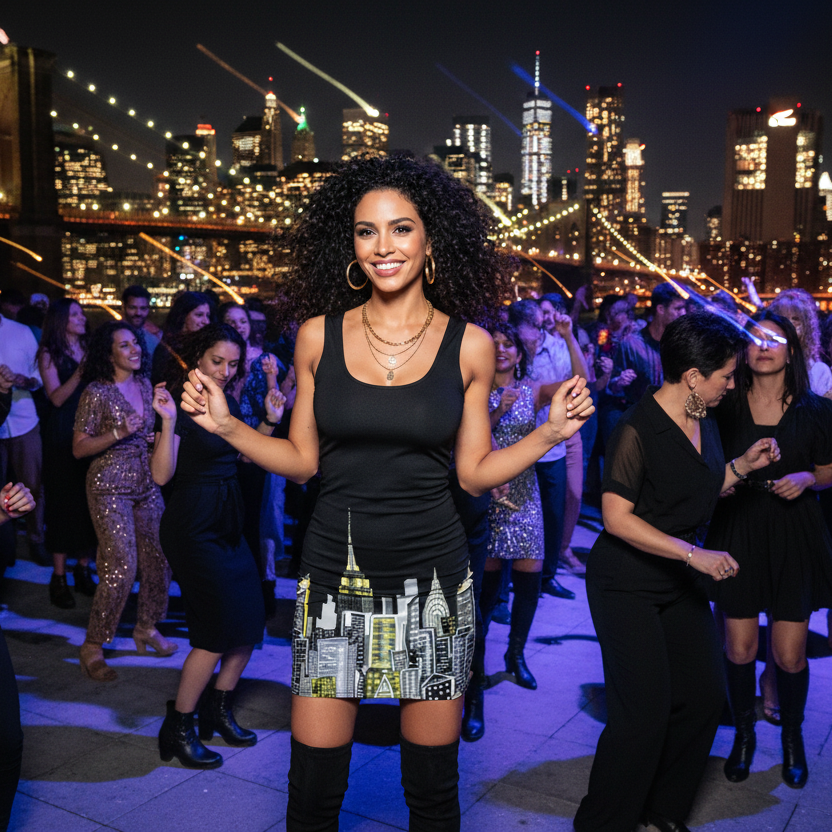 Woman dancing on a rooftop with a city skyline in the background wearing a dress designed by Loria NYC Art