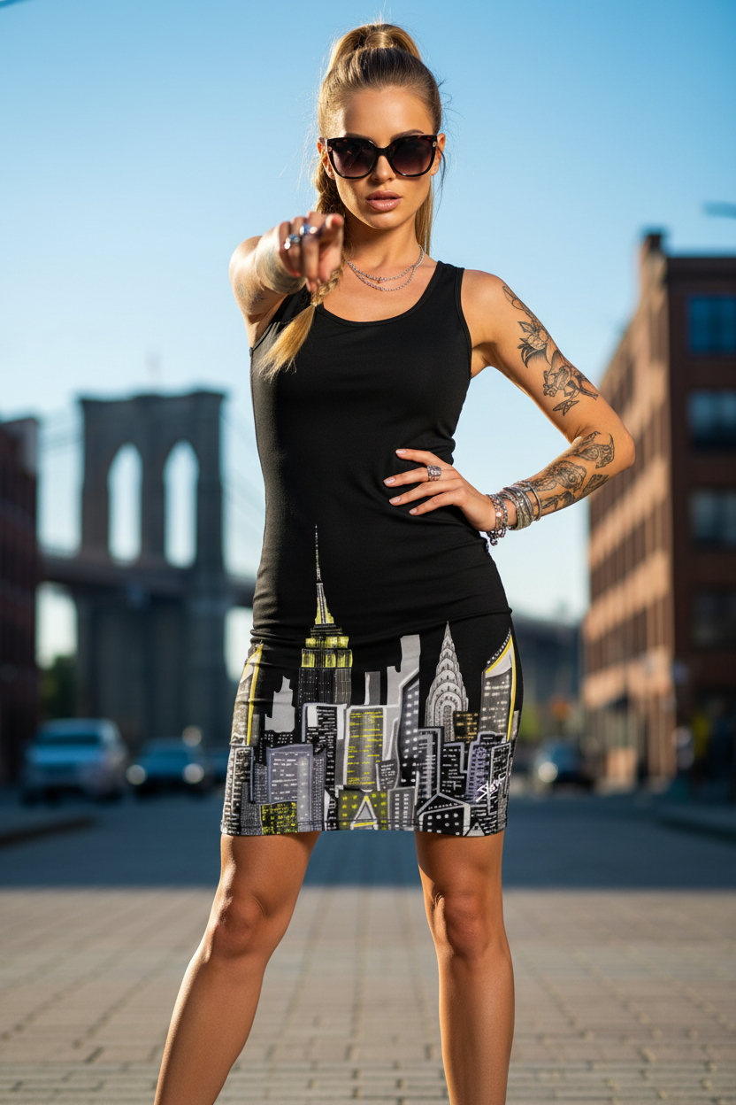 Woman in black tank top and skirt with cityscape Loria NYC Art design on a city street