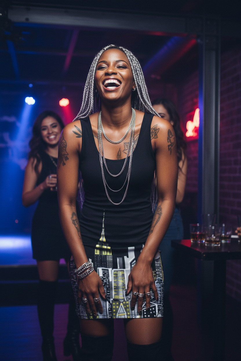 Woman with braided hair and tattoos wearing a Loria NYC Art dress smiling in a club setting