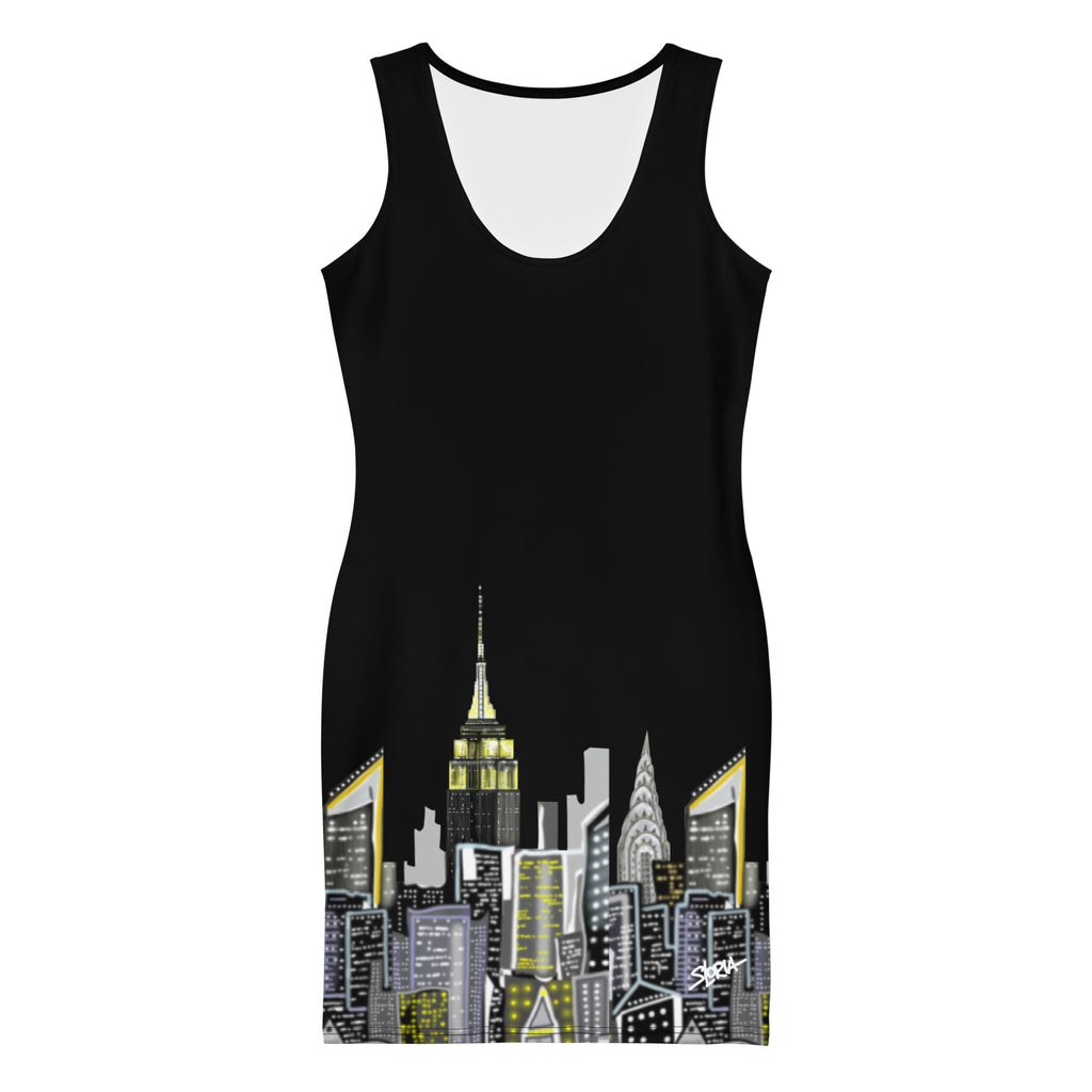 Front view of a Black sleeveless Bodycon Dress with Notte Nera Urbana design by S.Loria NYC Art