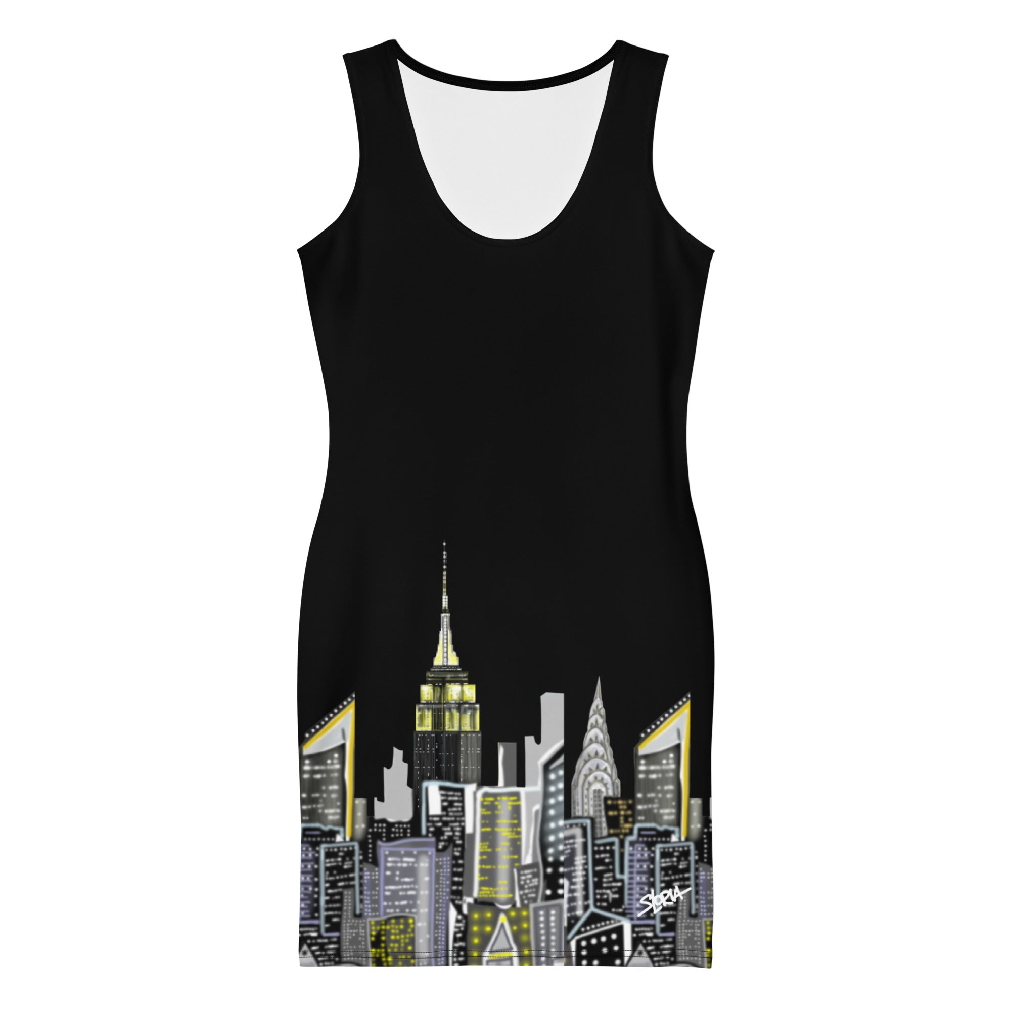 Front view of a Black sleeveless Bodycon Dress with Notte Nera Urbana design by S.Loria NYC Art