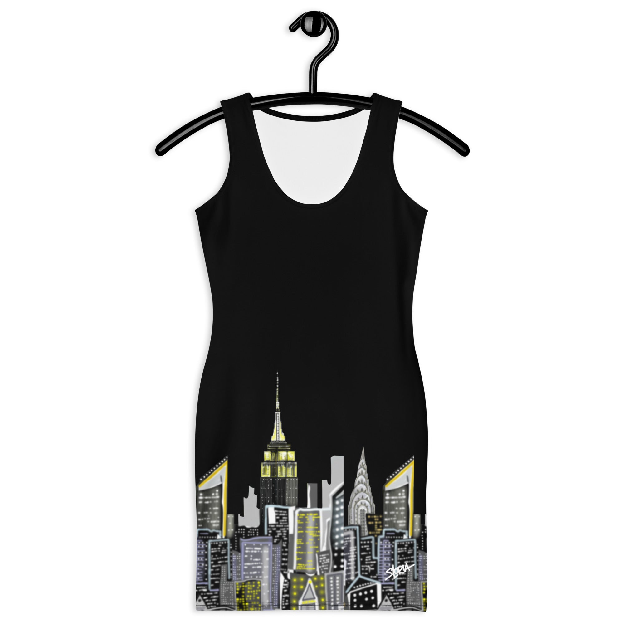 Front of a Black sleeveless Bodycon Dress with Notte Nera Urbana design by S.Loria NYC Art on a hanger against a white background