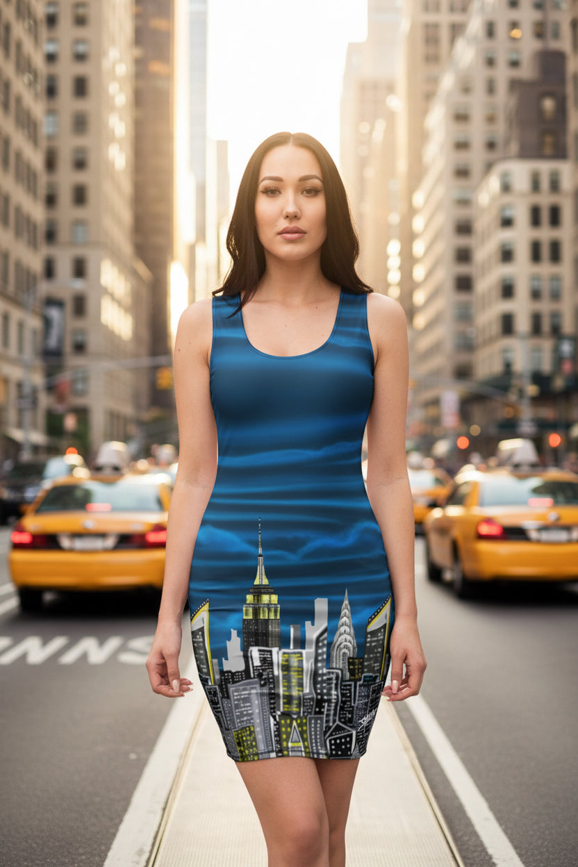 women wearing a Sleeveless Bodycon Dress with Notte Cielo Onde Blue Loria NYC Art design 