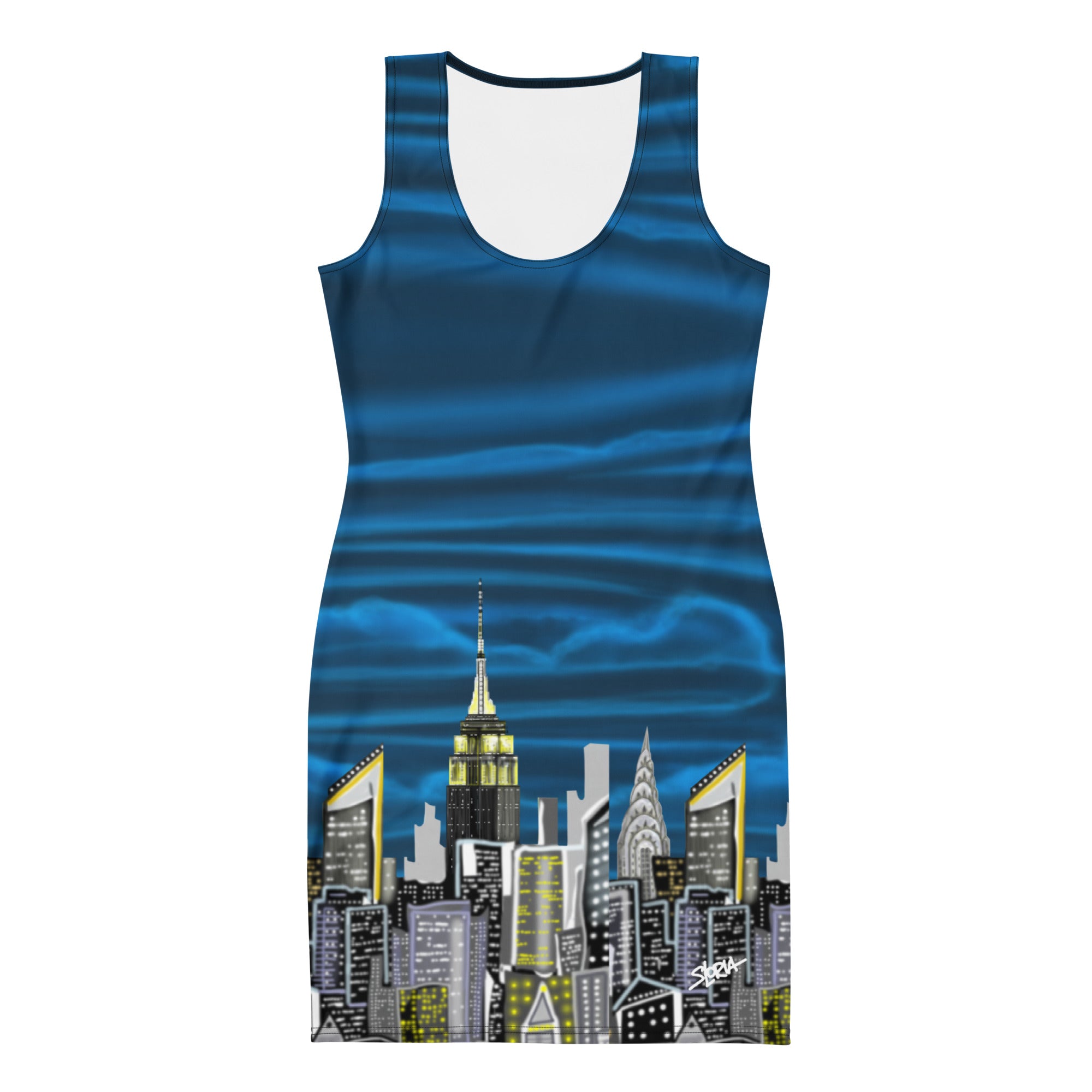 Sleeveless Bodycon Dress with Notte Cielo Onde Blue Loria NYC Art design 