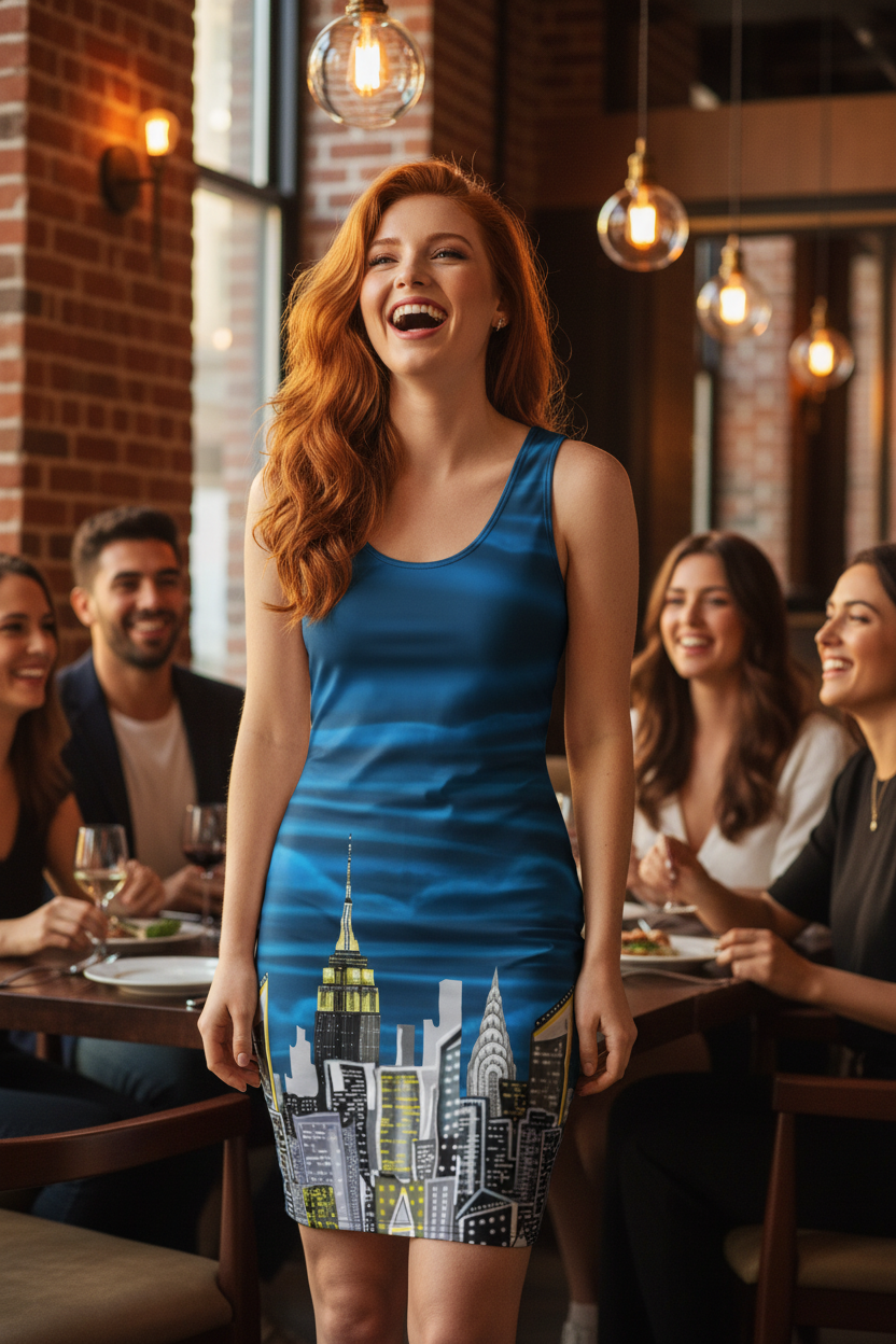 Woman in a blue dress with Loria NYC Art cityscape design standing in a restaurant.