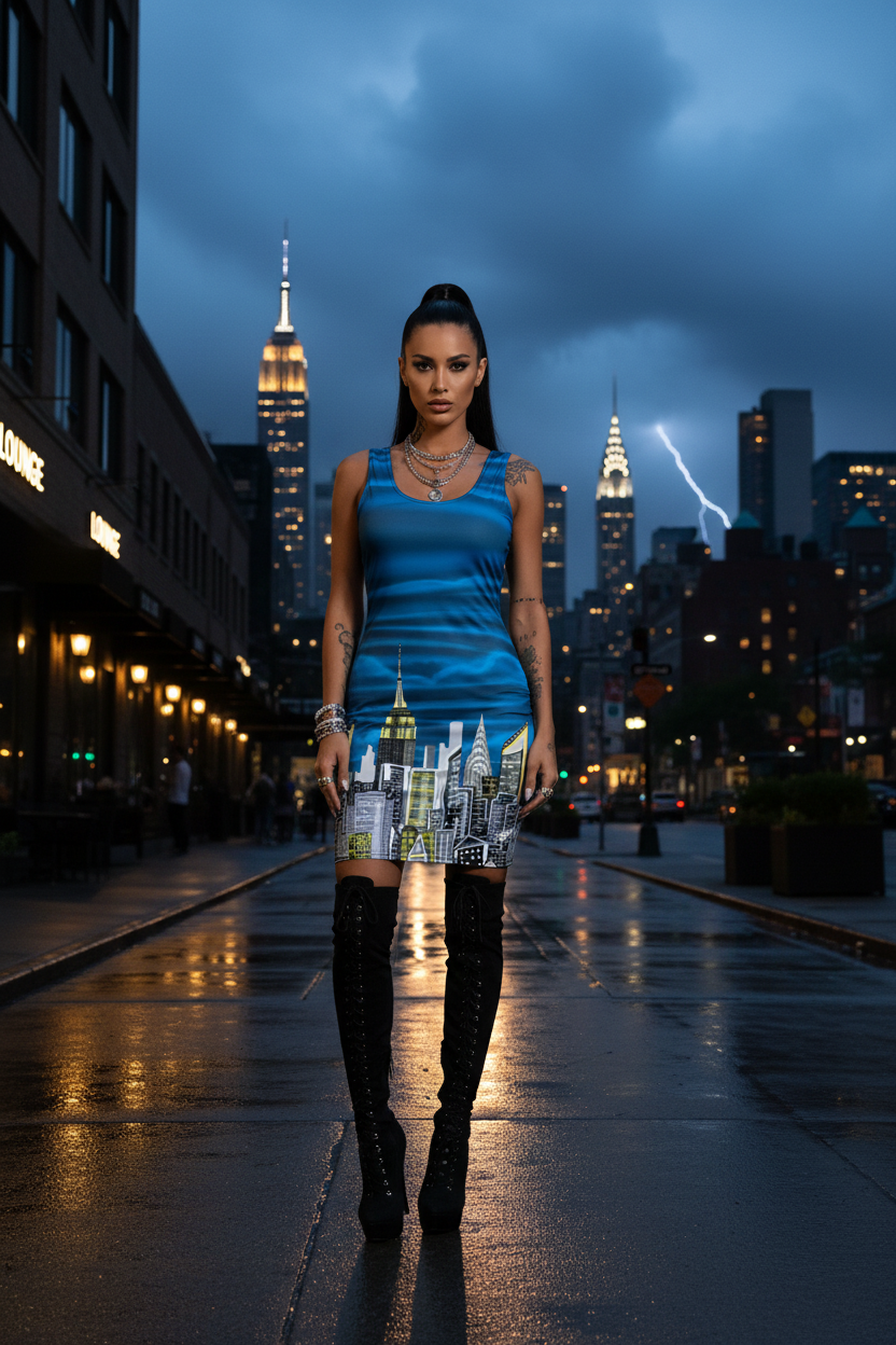 Woman in a blue Loria NYC Art dress holding a product against a cityscape with lightning in the background