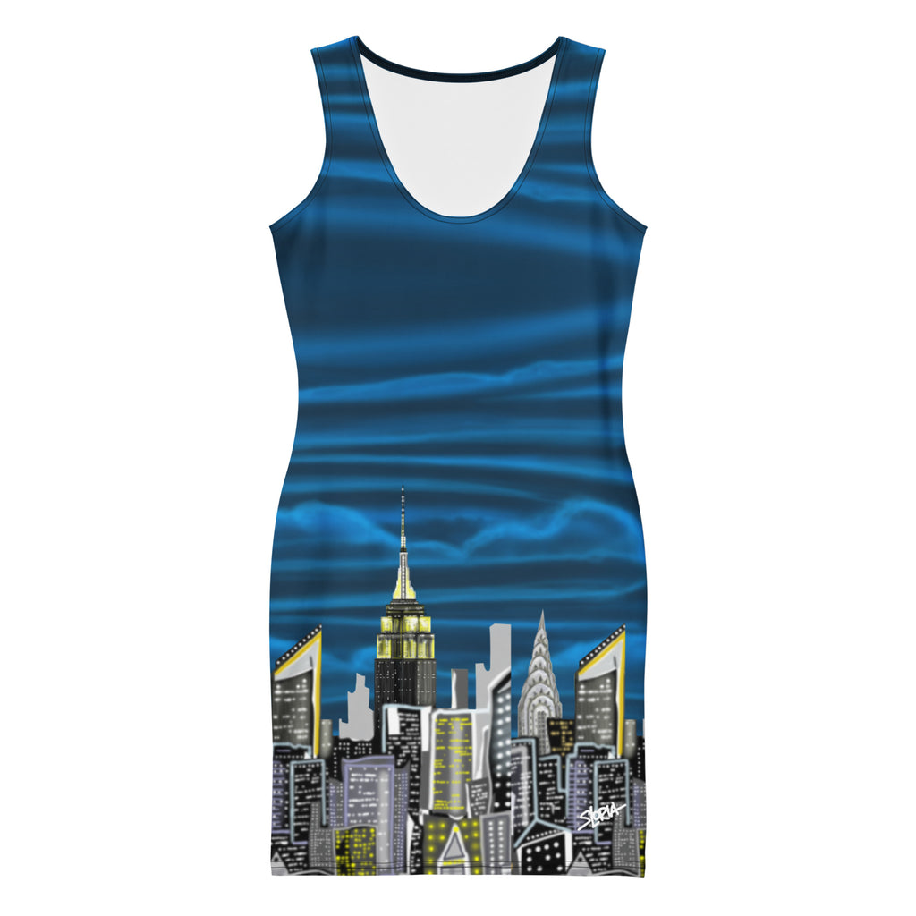 Front of Sleeveless Bodycon Dress with Notte Cielo Onde Blue Loria NYC Art design 