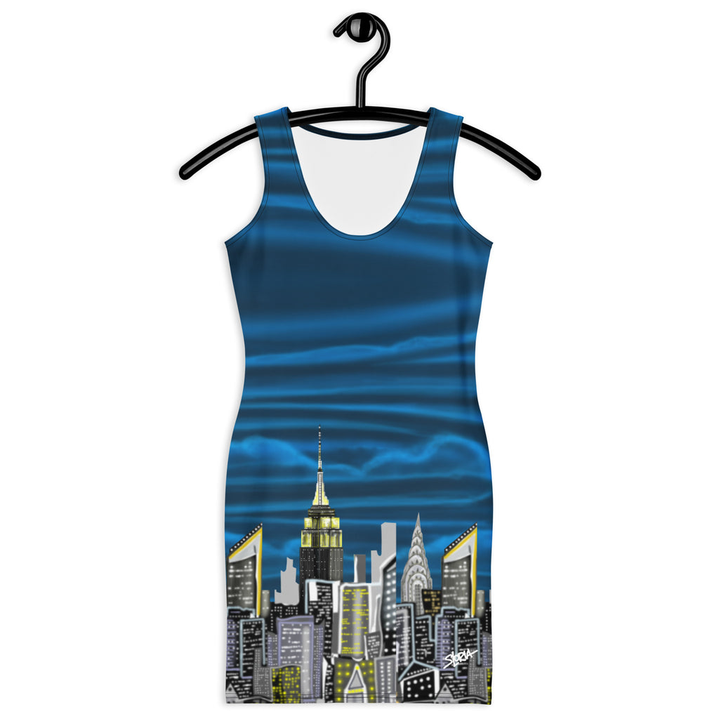 Front of Sleeveless Bodycon Dress with Notte Cielo Onde Blue by Loria NYC Art design  on a hanger against a white background