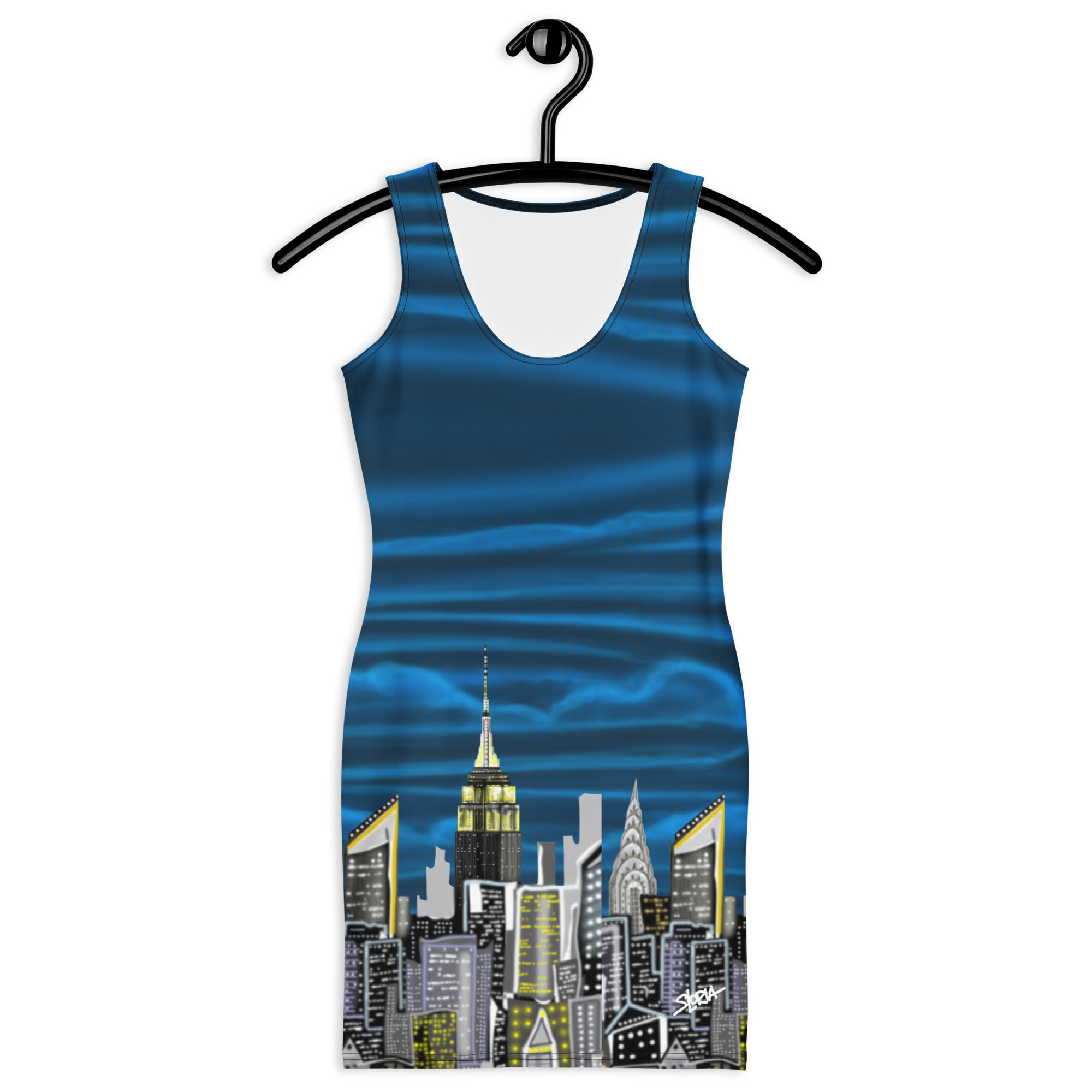 Front of Sleeveless Bodycon Dress with Notte Cielo Onde Blue by Loria NYC Art design  on a hanger against a white background