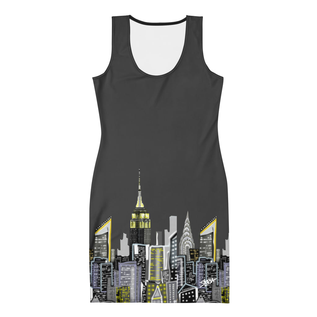 Front view of Bodycon Dress with Crepuscolo Fumo Oxide designed by S.Loria NYC Art
