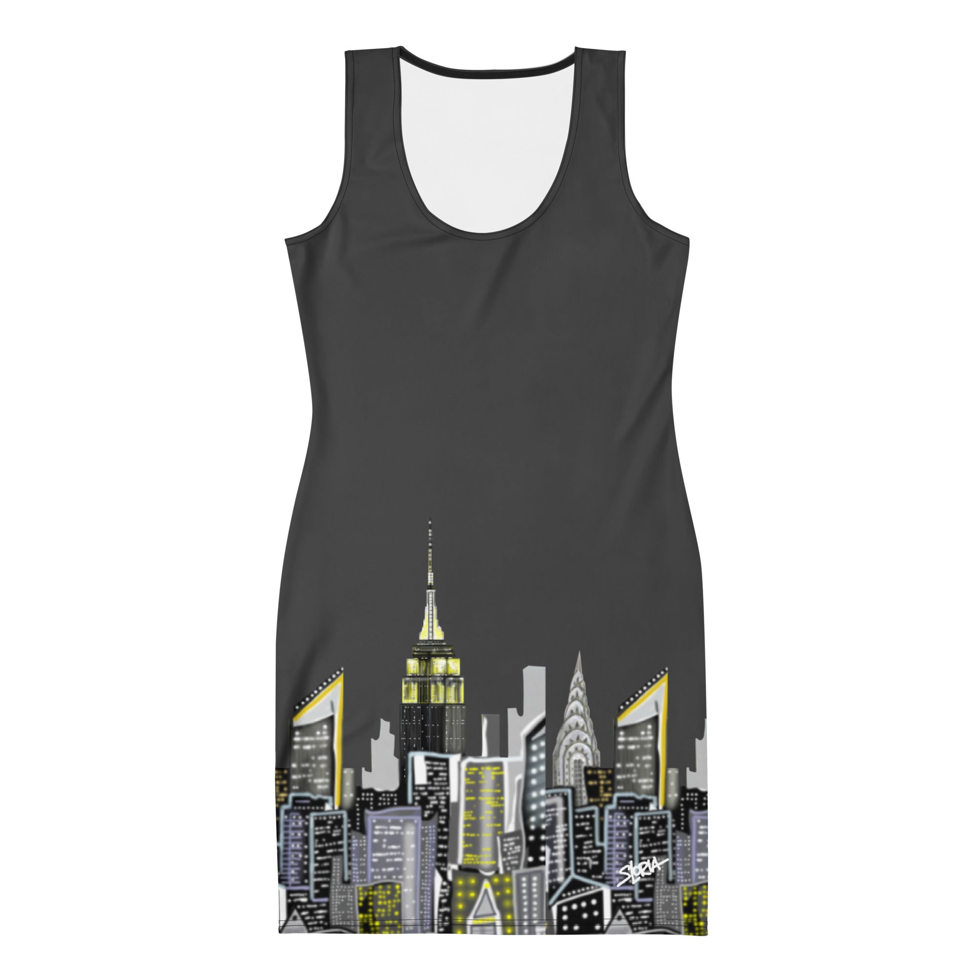 Front view of Bodycon Dress with Crepuscolo Fumo Oxide designed by S.Loria NYC Art