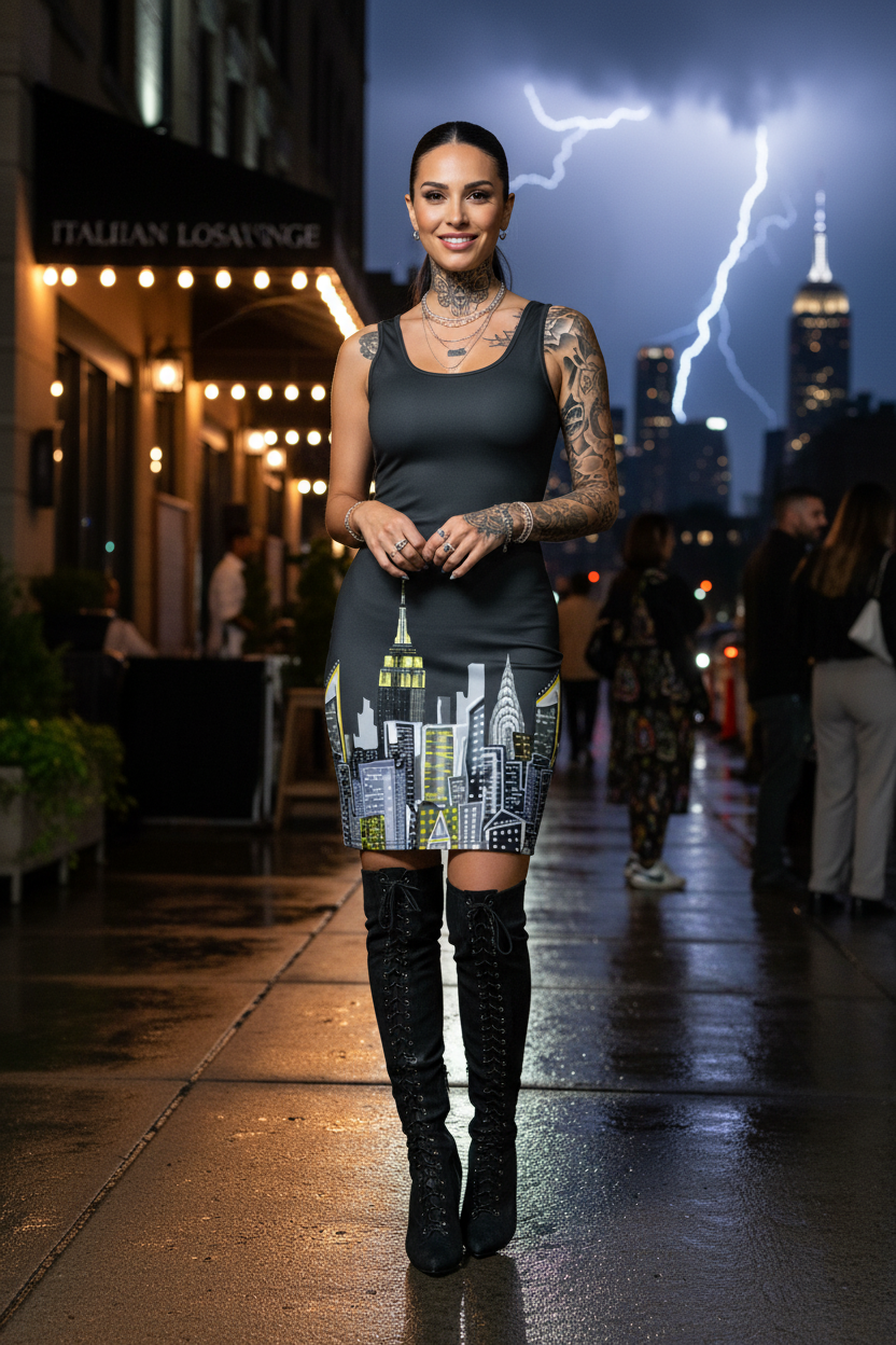 Woman in a city-themed dress with knee-high boots standing on a city street at night with lightning in the background.