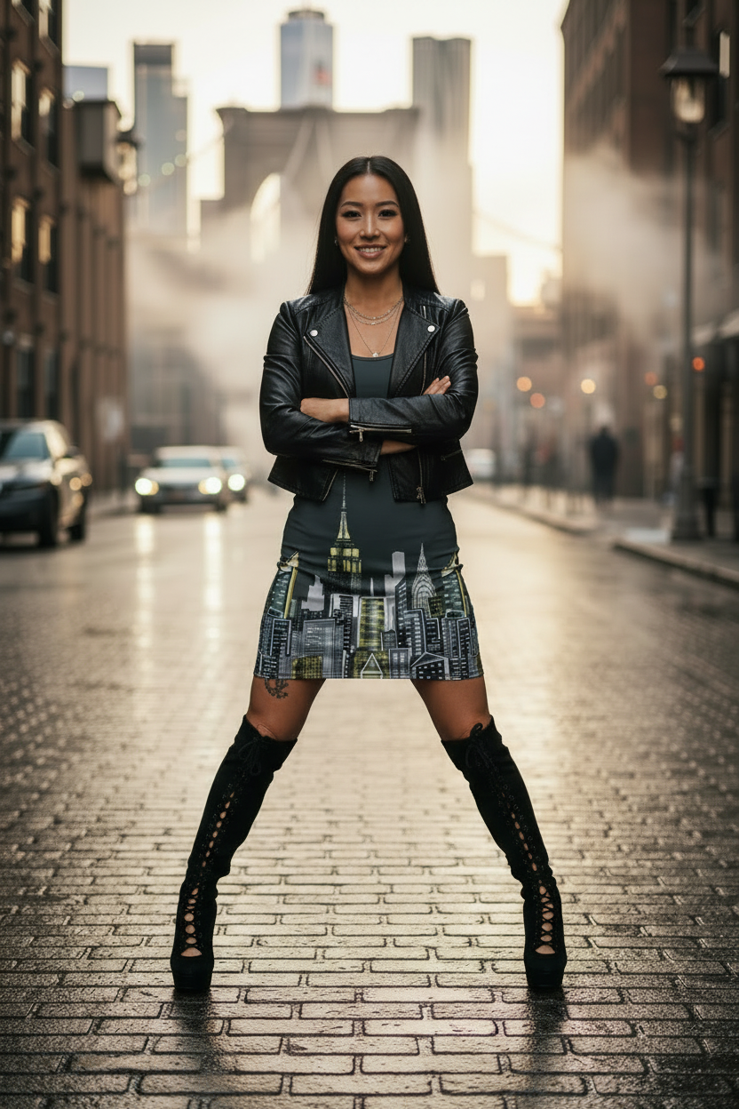 Woman wearing a Loria NYC Art dress standing on a city street with a blurred background