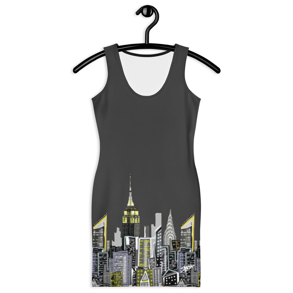 Bodycon Dress with Crepuscolo Fumo Oxide NYC skyline designed by S.Loria NYC Art on a hanger 