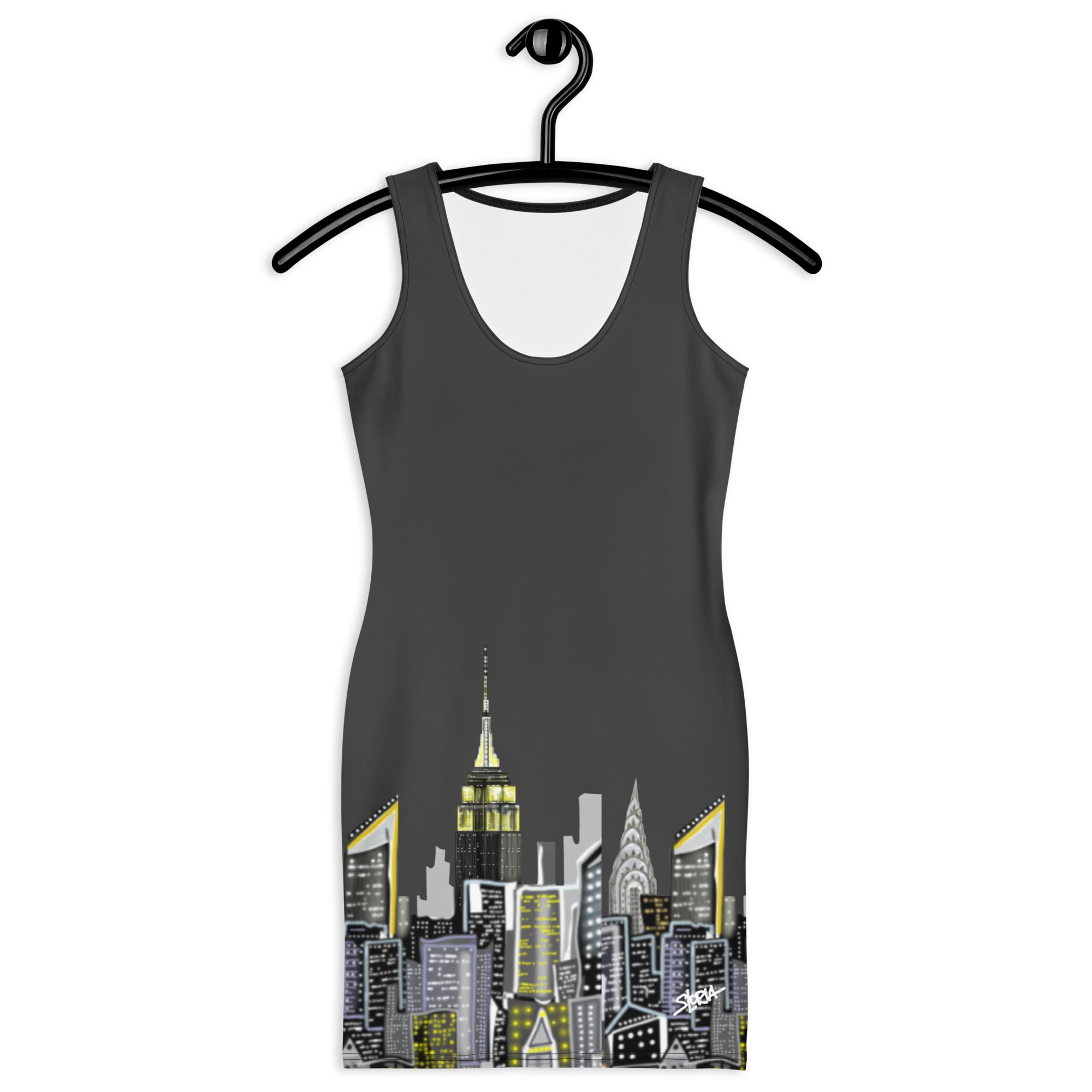 Bodycon Dress with Crepuscolo Fumo Oxide NYC skyline designed by S.Loria NYC Art on a hanger 