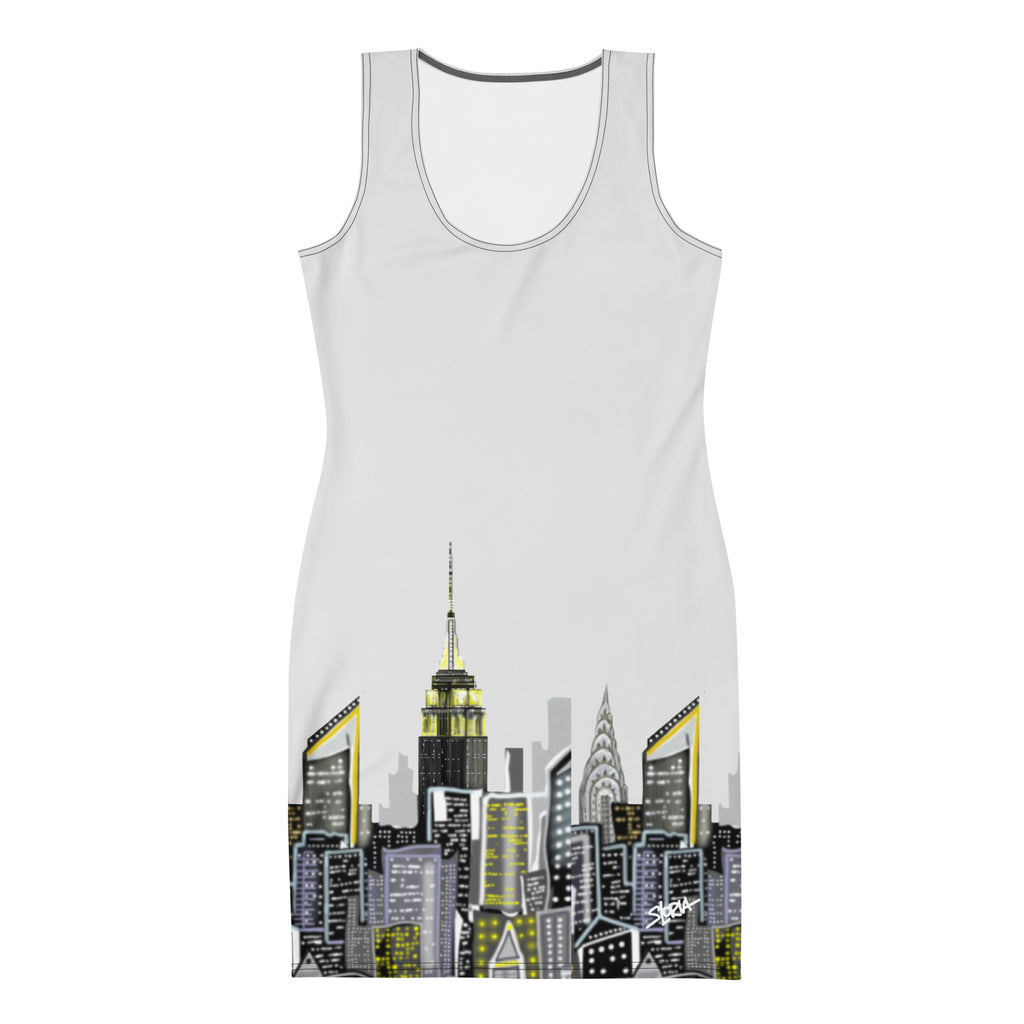 Bodycon Dress with Bianco Sussurro Abstract Skyline by Loria NYC Art with whisper white sky on a white backround