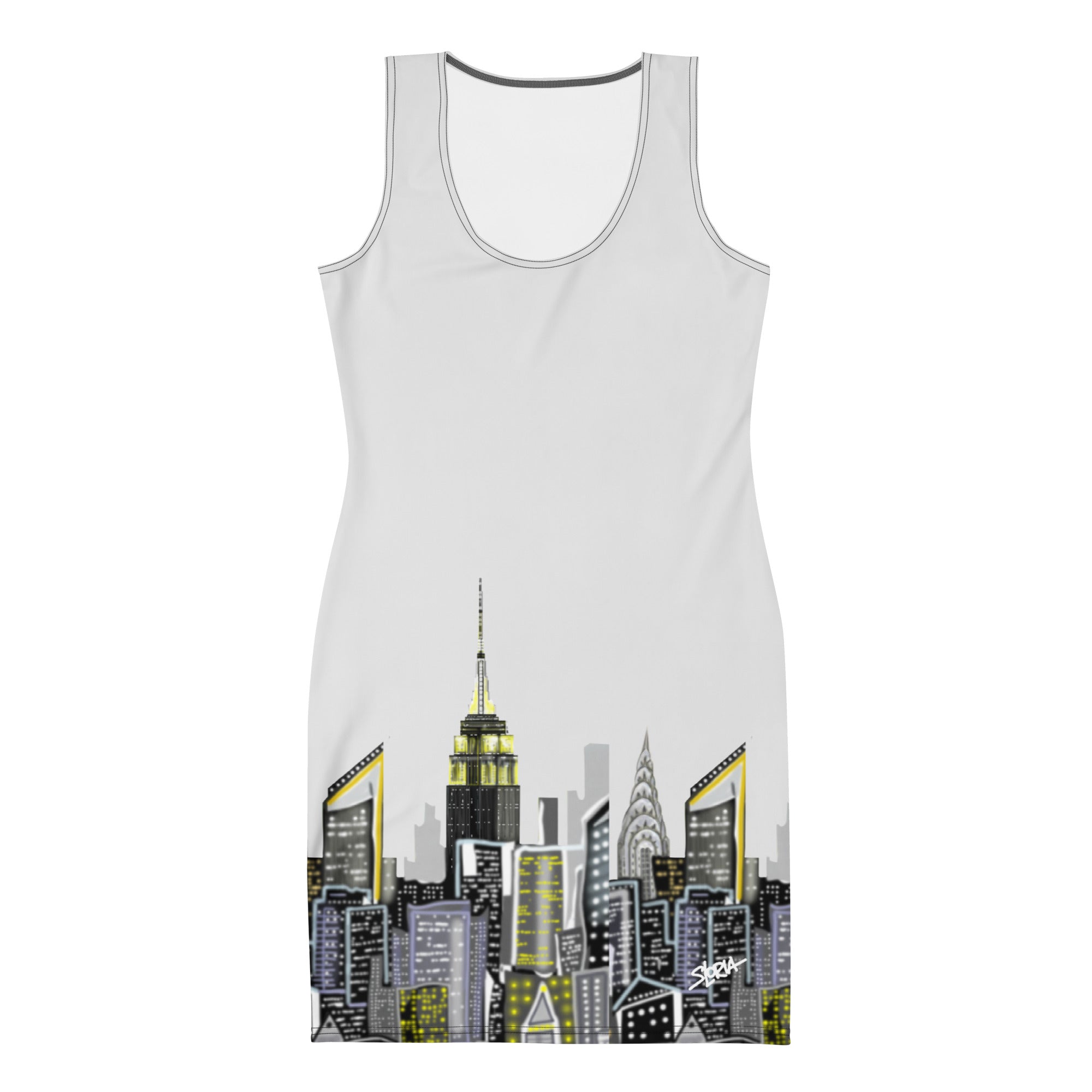 Bodycon Dress with Bianco Sussurro Abstract Skyline by Loria NYC Art with whisper white sky on a white backround