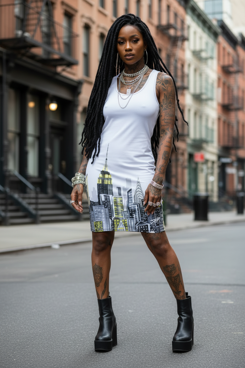 Woman with long  braids wearing a white Loria NYC Art dress on a city street.