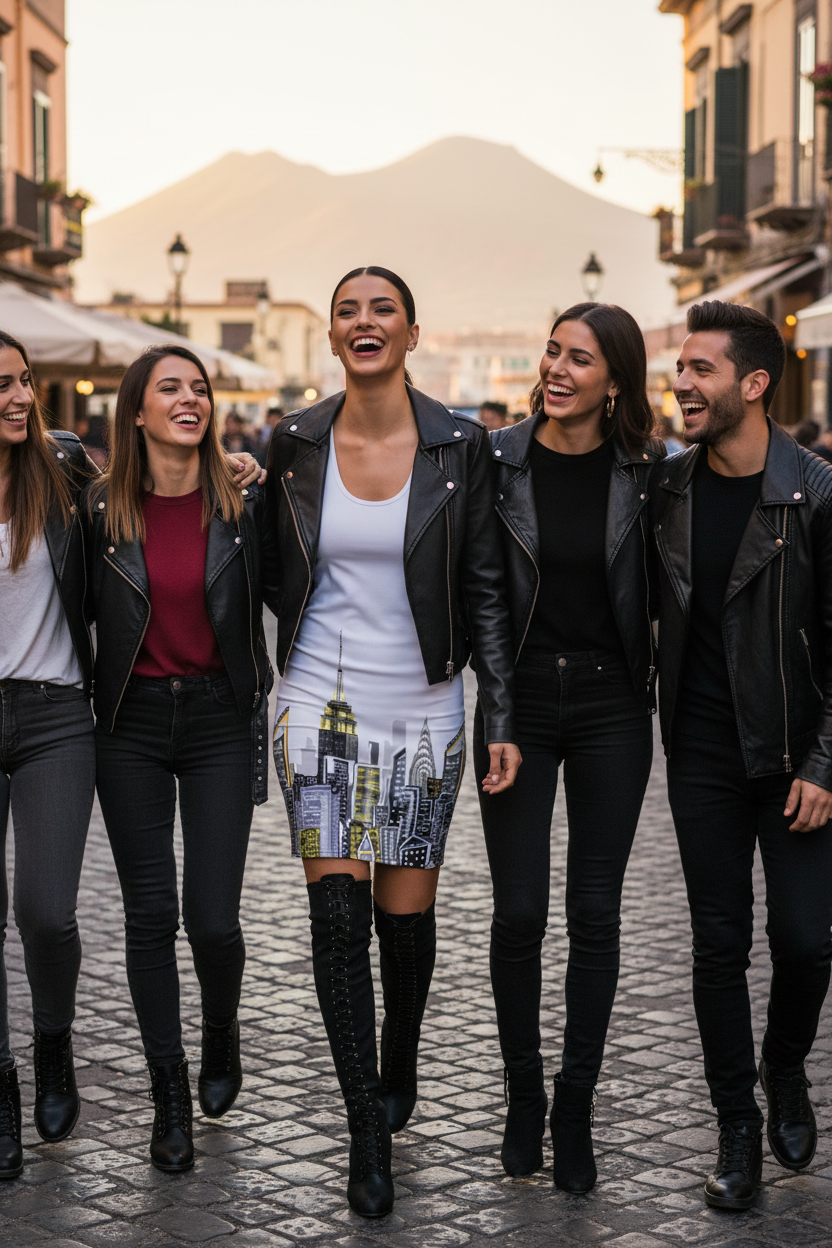 Girl wearing a Loria NYC Art dress with friends walking together on a street in an urban setting
