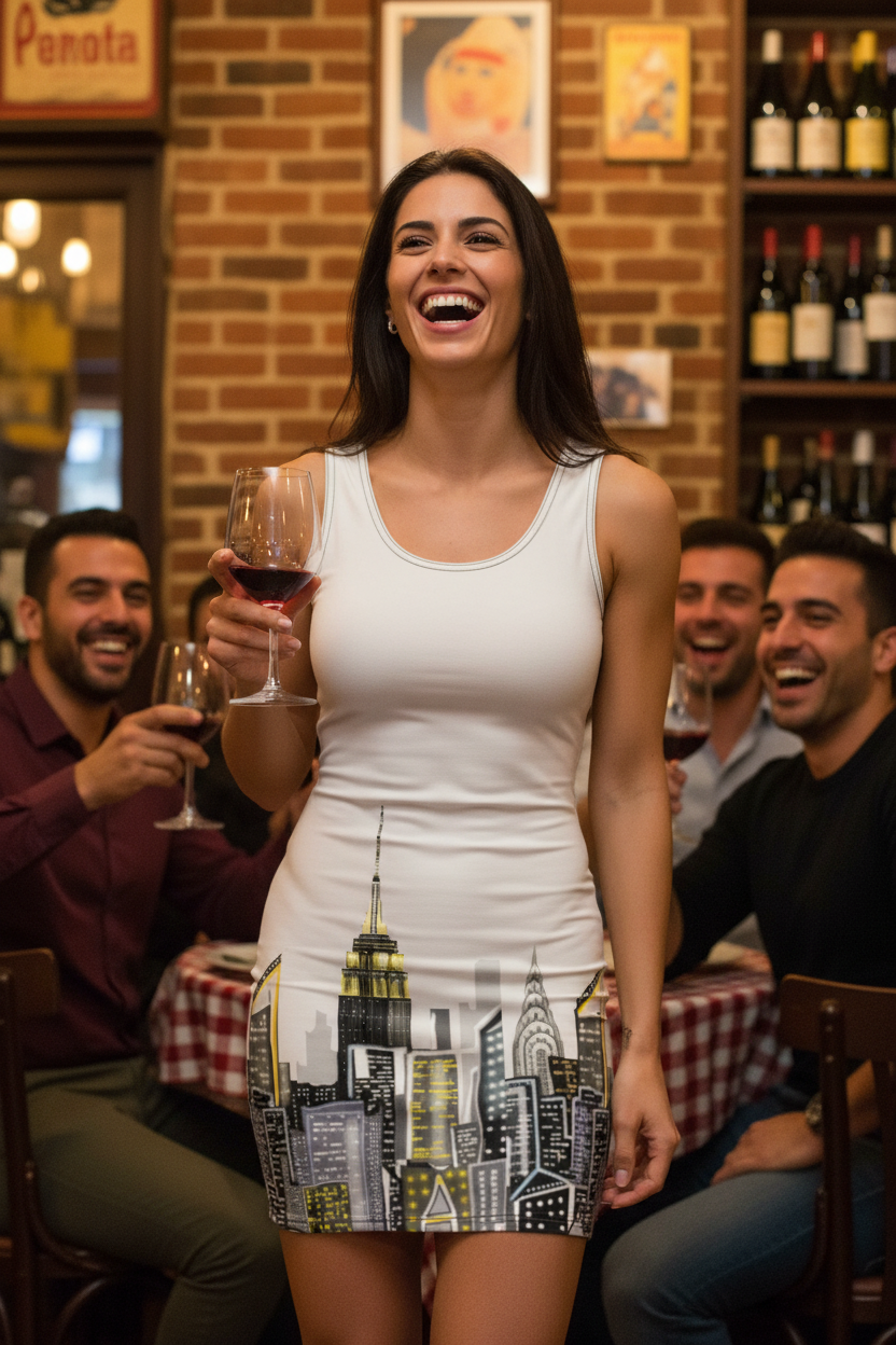 Woman in a white dress with a Loria NYC Art cityscape design holding a glass of red wine, surrounded by people in a bar.