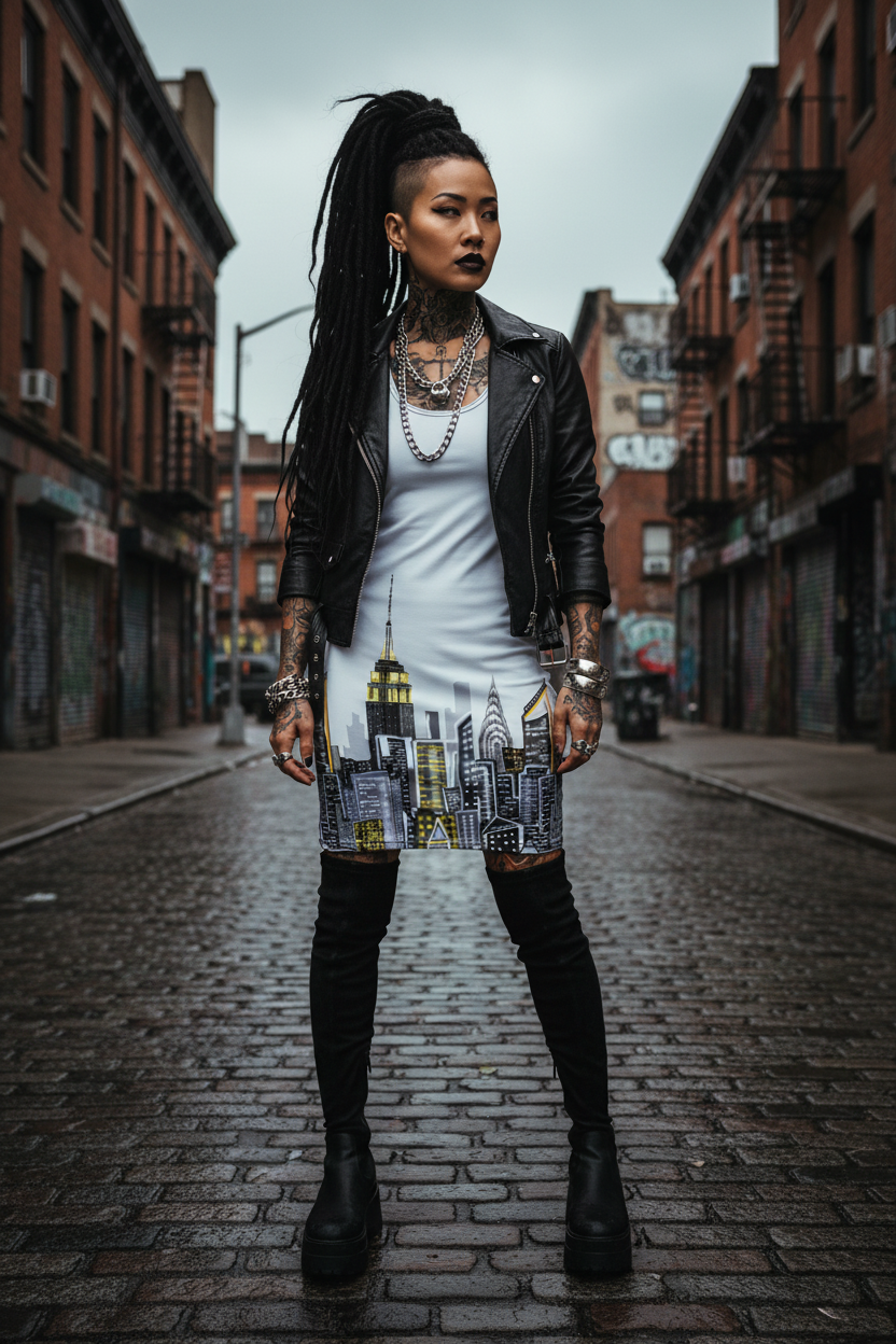 Woman standing on a city street wearing a black leather jacket and a Loria NYC Art dress with cityscape design.