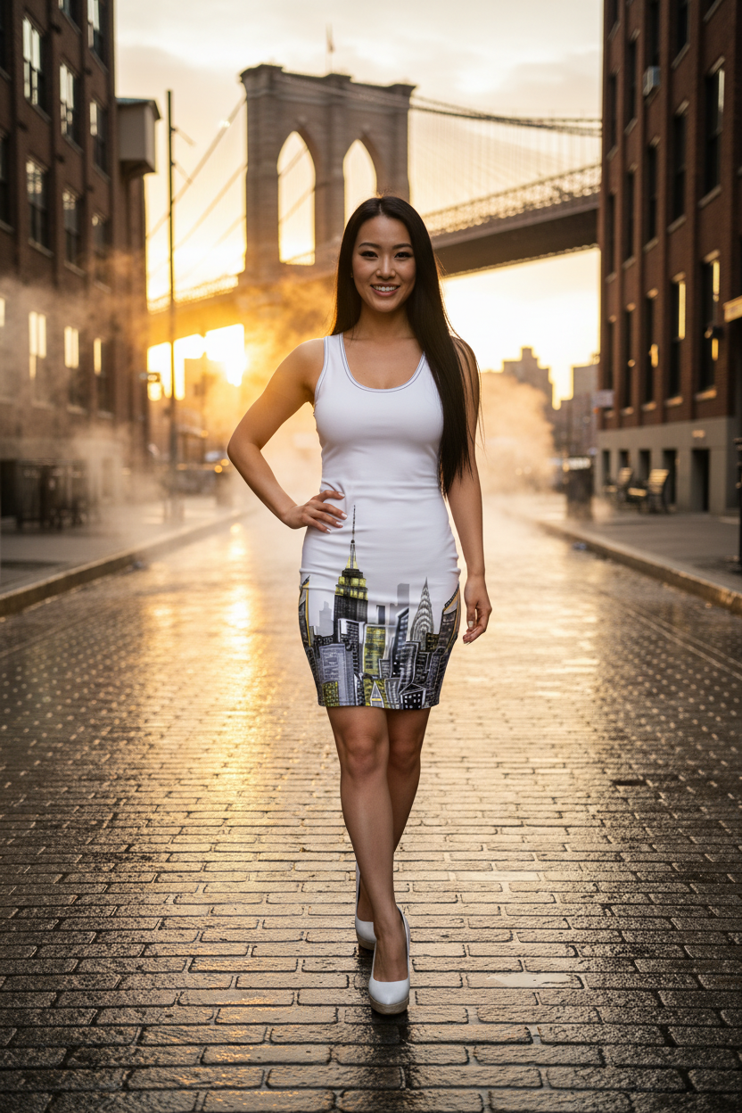 Woman in a white Loria NYC Art dress standing on a brick street with a bridge in the background