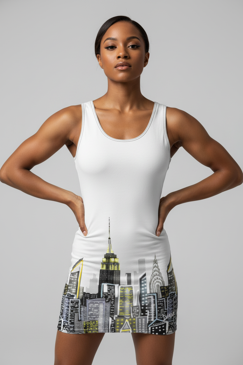 Woman wearing a white Loria NYC Art with a cityscape design on a gray background
