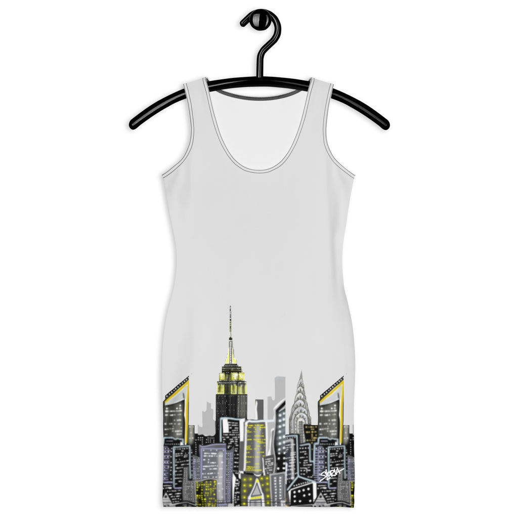 Front of a Bodycon Dress with Bianco Sussurro Abstract Skyline by Loria NYC Art with whisper white sky on a white backround on a hanger