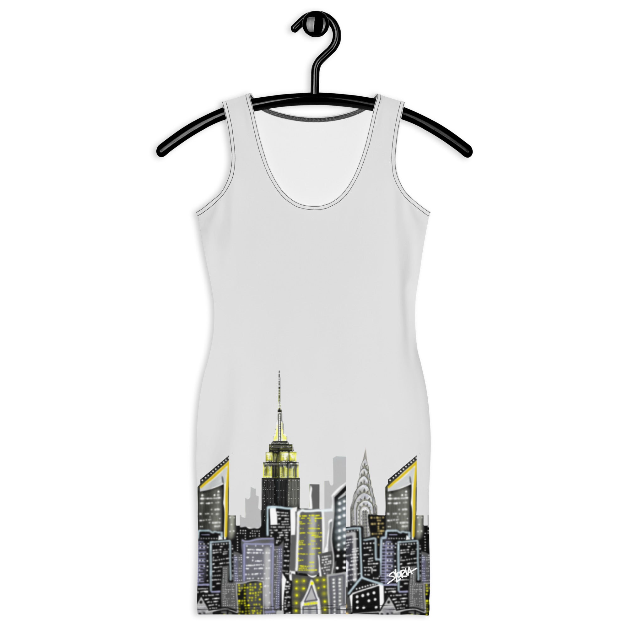 Front of a Bodycon Dress with Bianco Sussurro Abstract Skyline by Loria NYC Art with whisper white sky on a white backround on a hanger