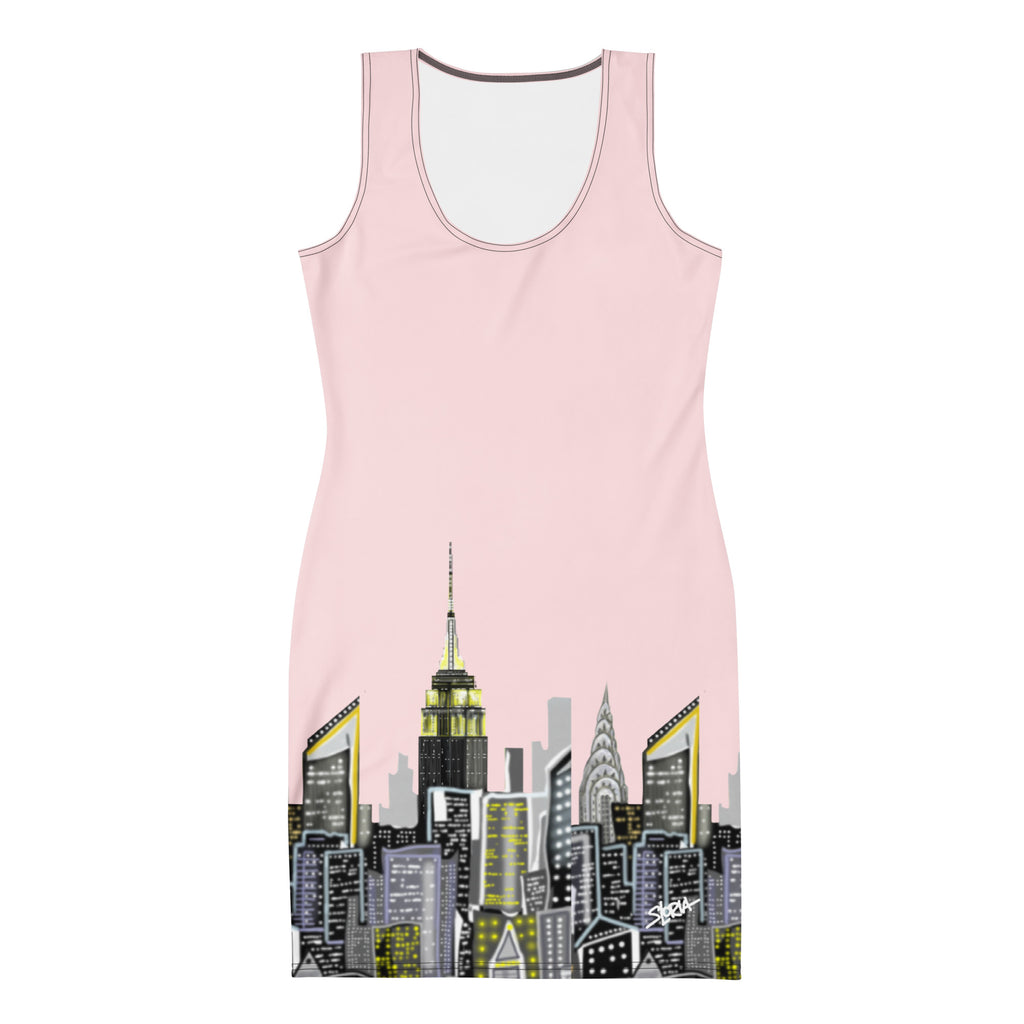 Front of a Bodycon Dress with Rosa Pallido Abstract NYC Skyline designed by Loria NYC Art on white background 