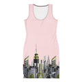 Front of a Bodycon Dress with Rosa Pallido Abstract NYC Skyline designed by Loria NYC Art on white background 
