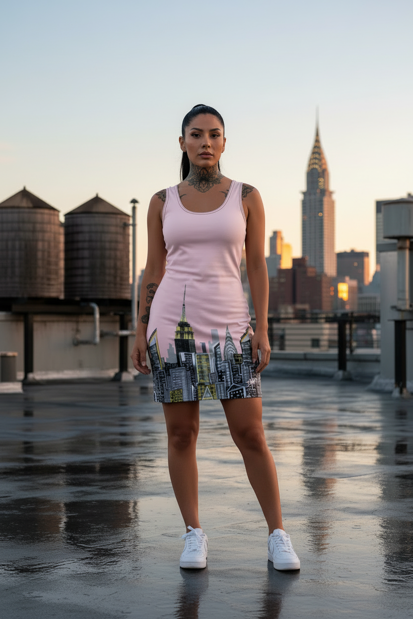 Girl on a roof top wearing a  in NYC dress designed by Loria NYC Art 