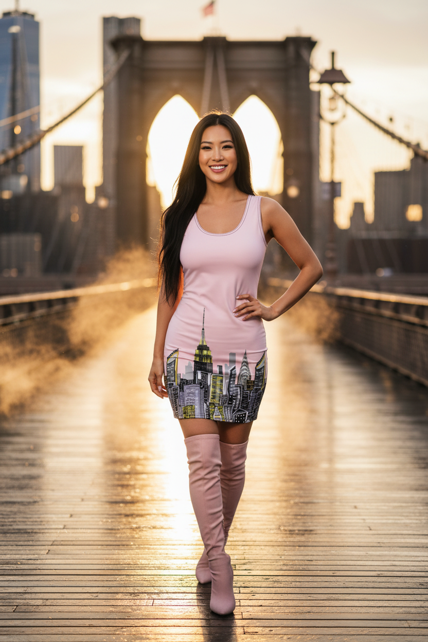 Woman posing in a Loria NYC Art dress on a bridge with a city skyline in the background