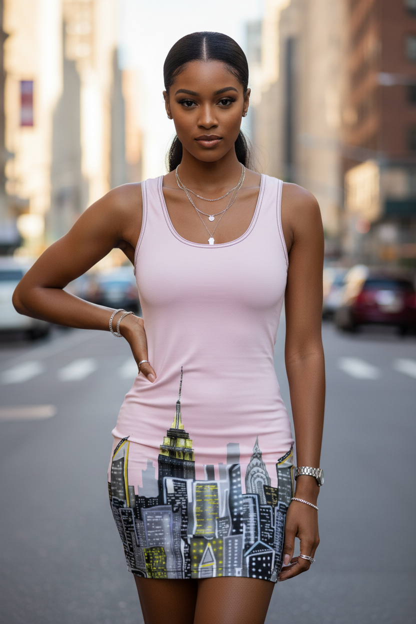 Woman wearing a pink Loria NYC Art dress with city-themed on a street.