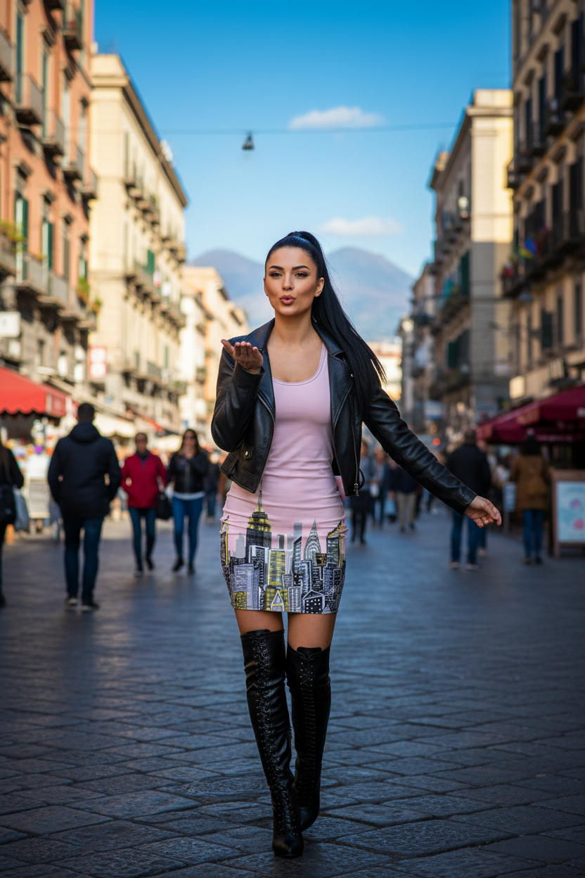 Woman wearing a Loria NYC Art dress walking on a city street with buildings and people in the background