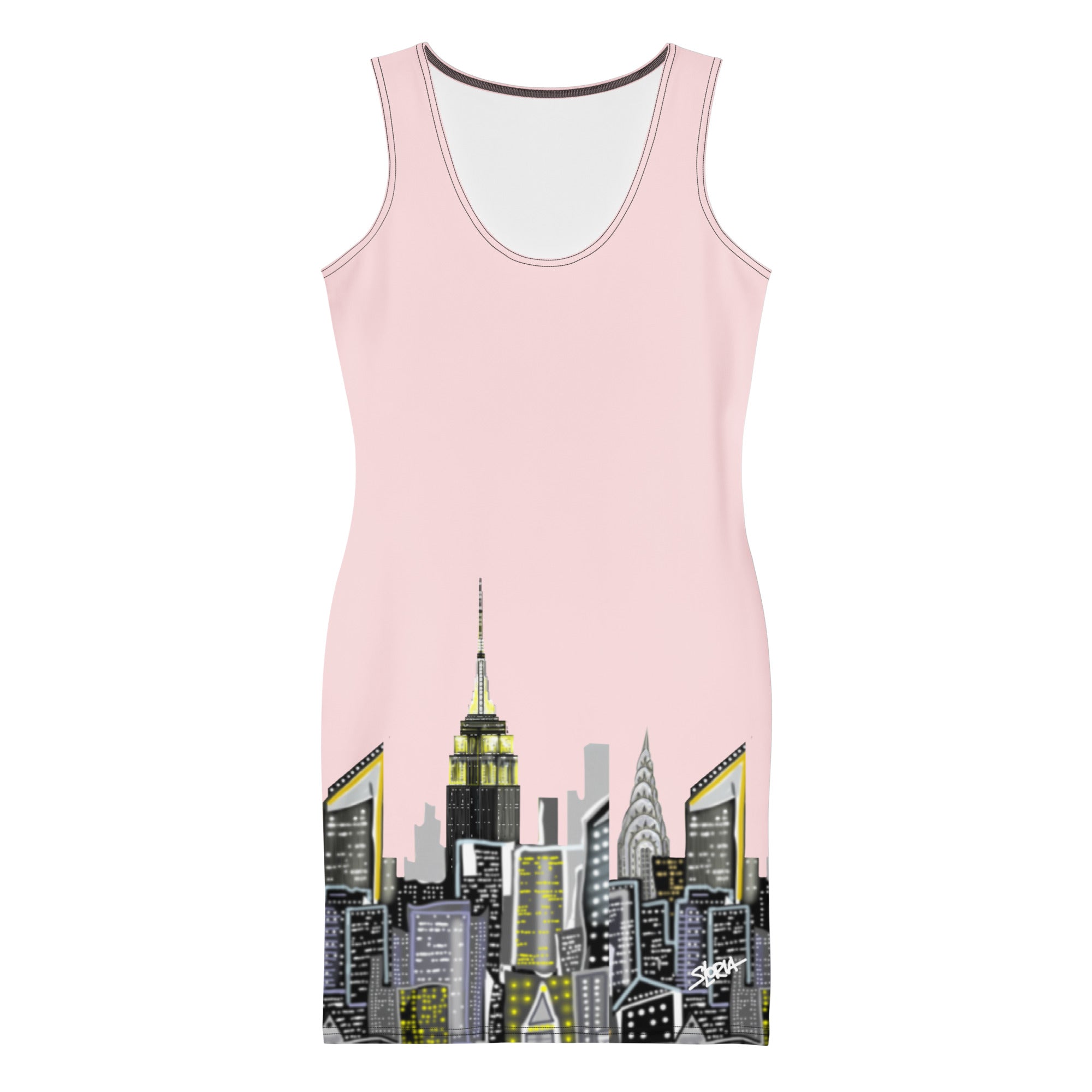 Front of a Bodycon Dress with Rosa Pallido Abstract NYC Skyline designed by Loria NYC Art on white background 