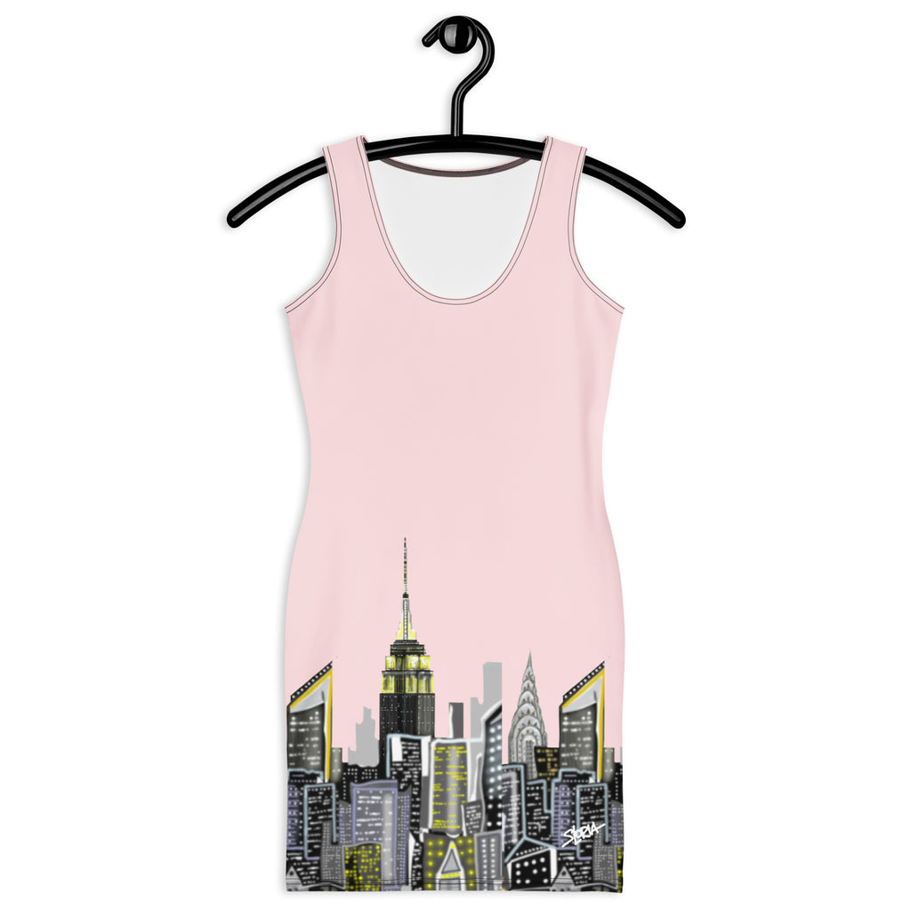 Front of a Bodycon Dress with Rosa Pallido Abstract NYC Skyline designed by Loria NYC Art on white background  on a hanger against a white background