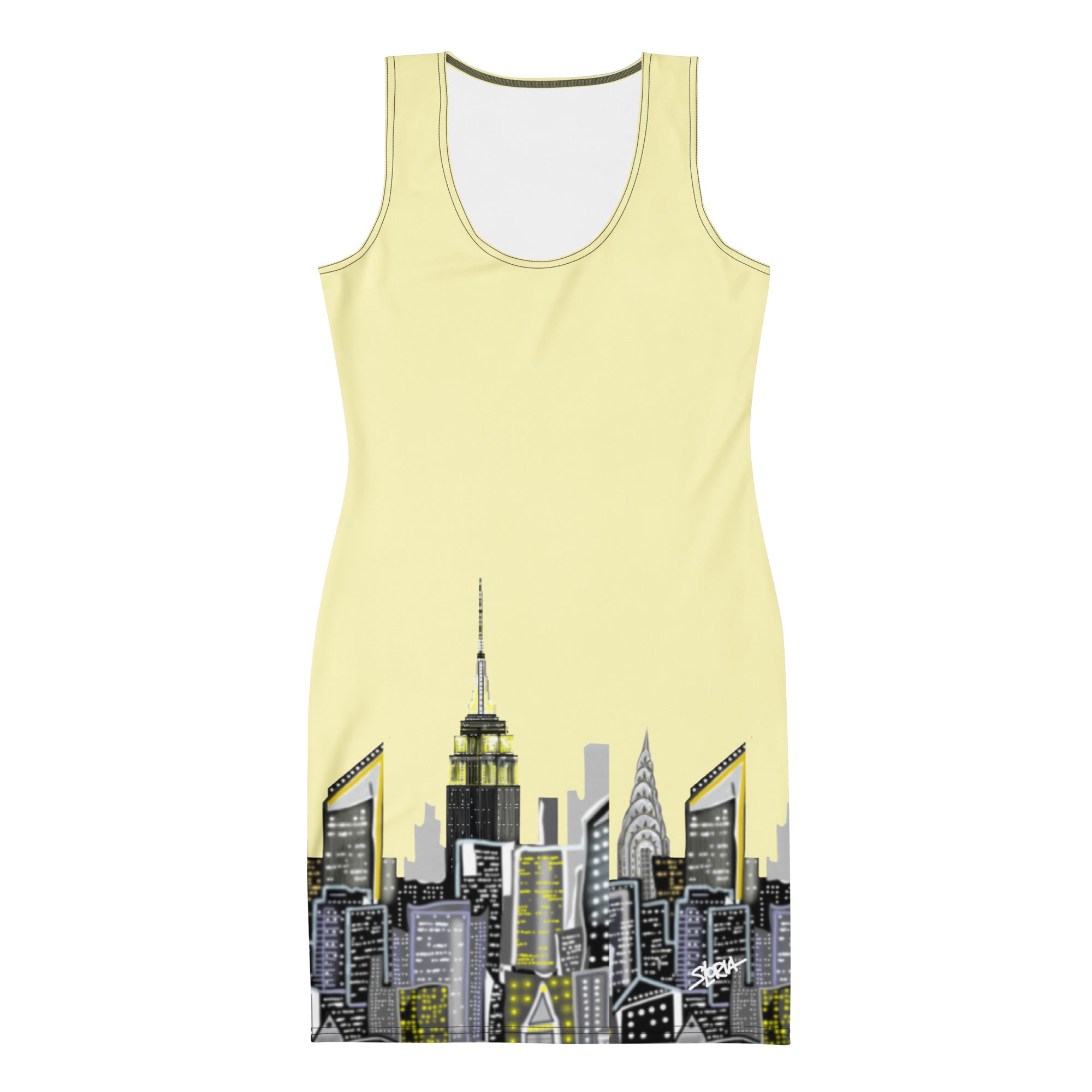 Bodycon Dress with Giallo Cumulus yellow Abstract Skyline of NYC by Loria NYC Art