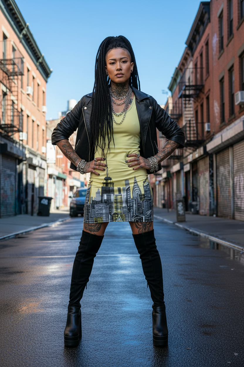 Woman standing on a city street wearing a yellow Loria NYC Art dress with a cityscape print, black leather jacket, and knee-high boots.