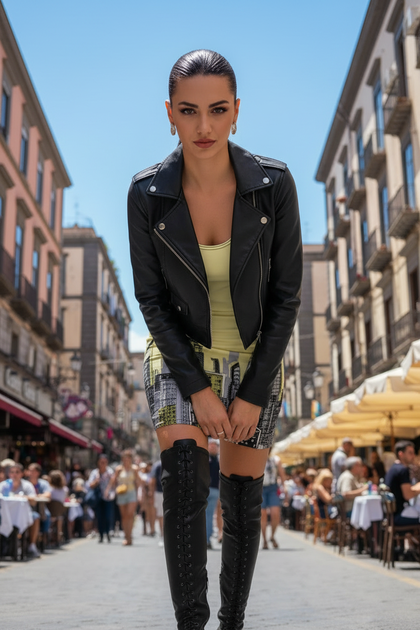 Woman in a black leather jacket and knee-high boots, yellow Loria NYC Art dress standing on a street with buildings and people in the background.