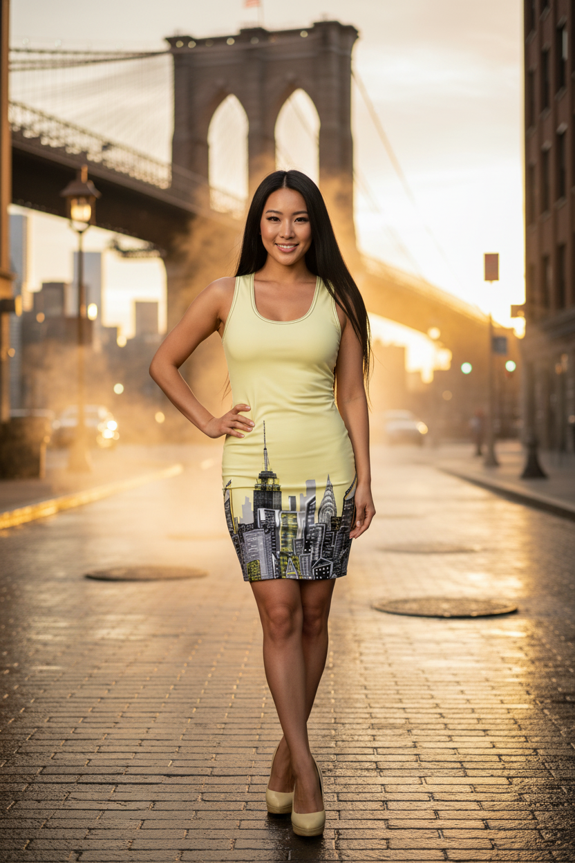 Woman in a yellow top and Loria NYC Art  dress standing on a street with the Brooklyn Bridge in the background.