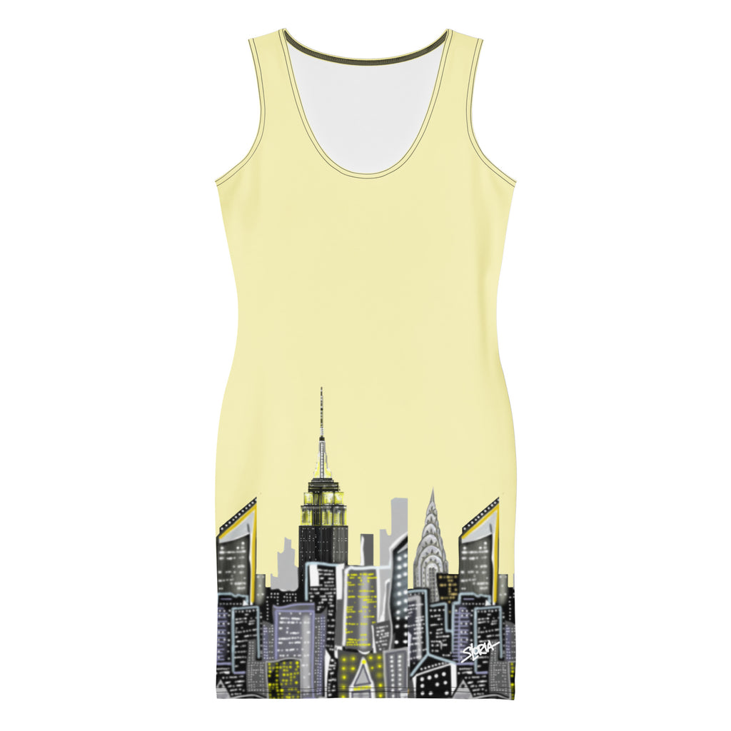 Front view of Bodycon Dress with Giallo Cumulus yellow Abstract Skyline of NYC by Loria NYC Art