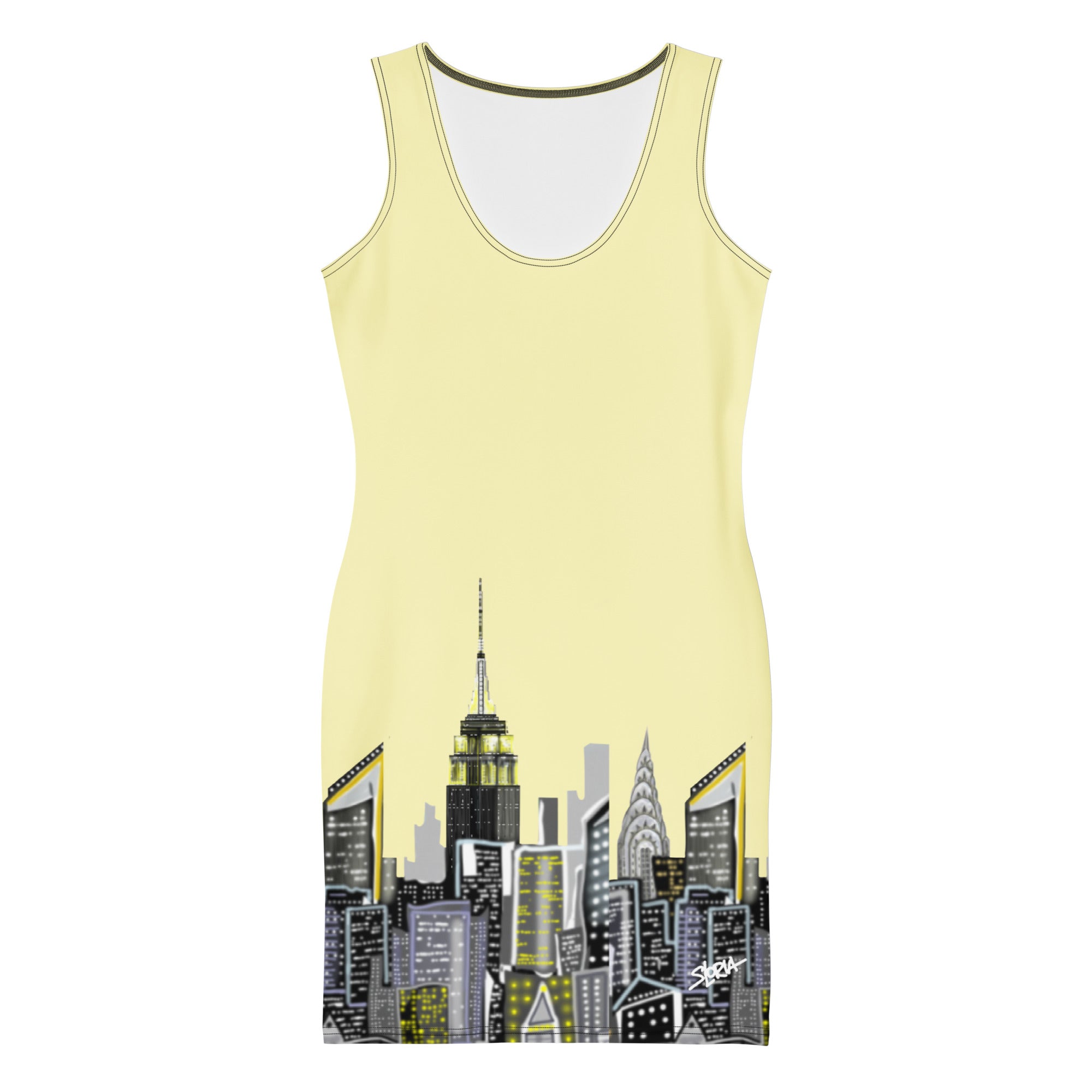 Front view of Bodycon Dress with Giallo Cumulus yellow Abstract Skyline of NYC by Loria NYC Art