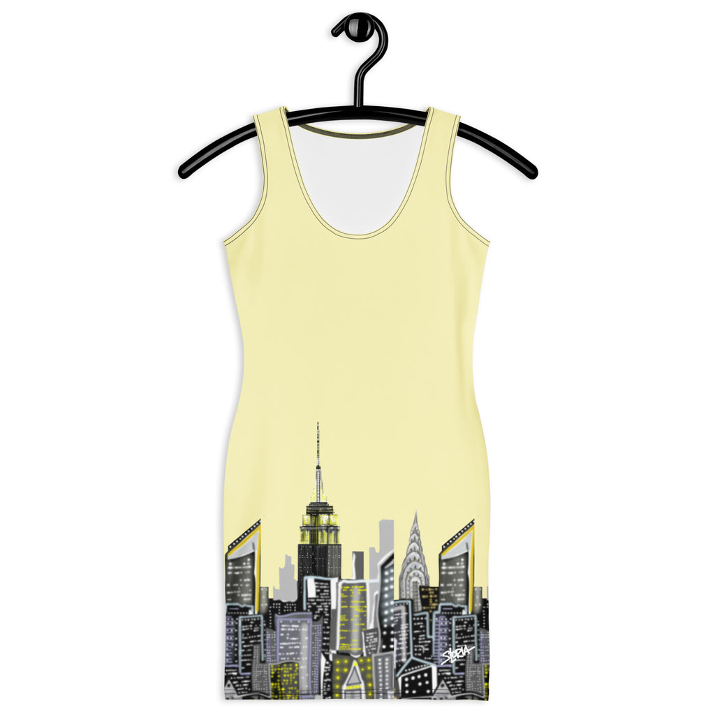 Front of a Bodycon Dress with Giallo Cumulus yellow Abstract Skyline of NYC by S. Loria NYC Art on a hanger against a white background