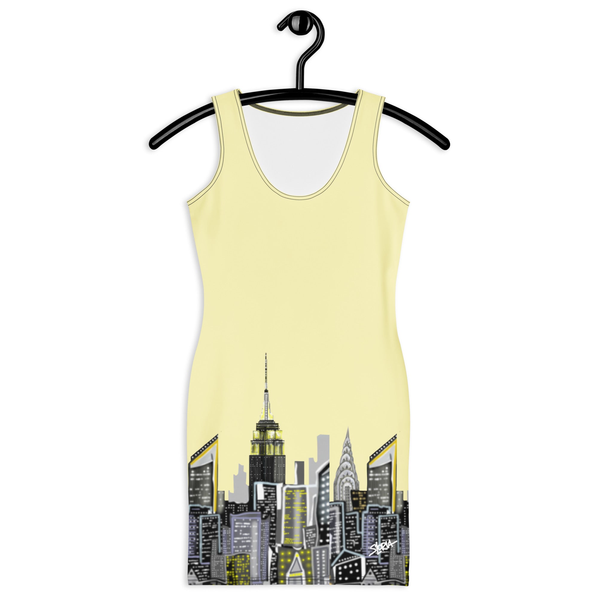Front of a Bodycon Dress with Giallo Cumulus yellow Abstract Skyline of NYC by S. Loria NYC Art on a hanger against a white background