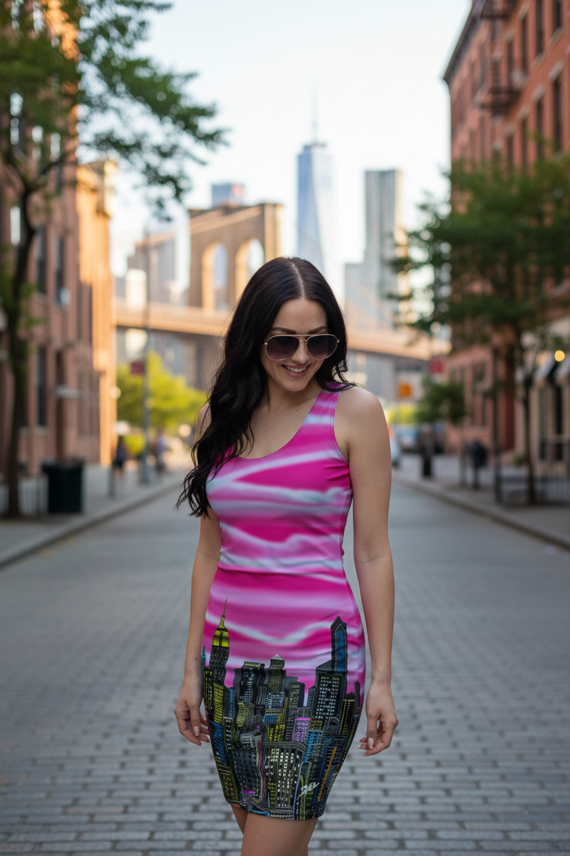 Woman in a pink dress with cityscape Loria NYC Art design walking on a street with buildings and trees in the background.