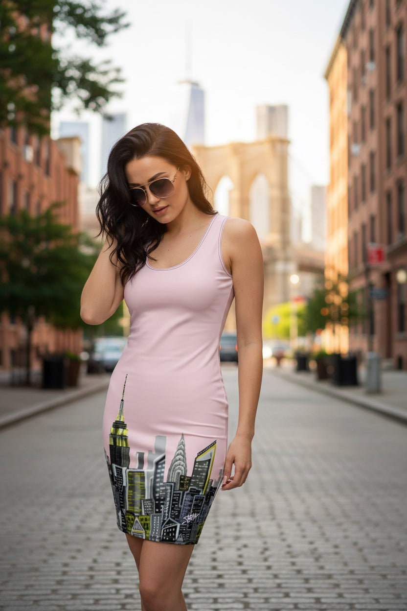Woman wearing a pink dress with a Loria NYC Art cityscape print on a white background