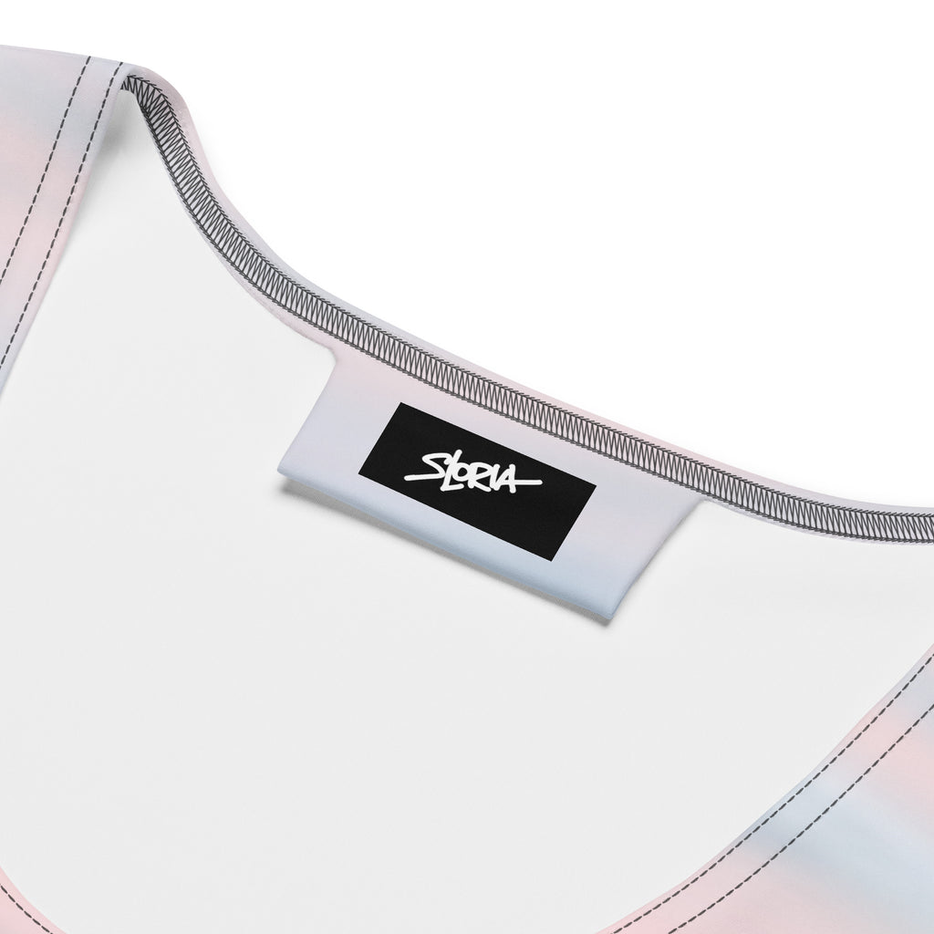 Bodycon Dress with Rosa Pallido Manhattan NYC Skyline by Loria NYC Art Close-up of a white garment with a black label featuring the brand 'S.Loria' on a white background.