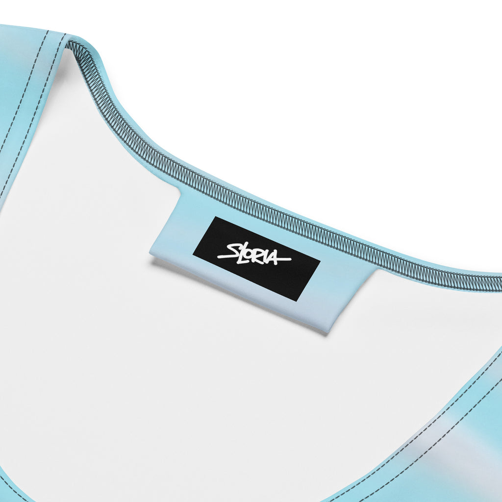 Light blue Loria NYC Art dress with a brand label on a white background